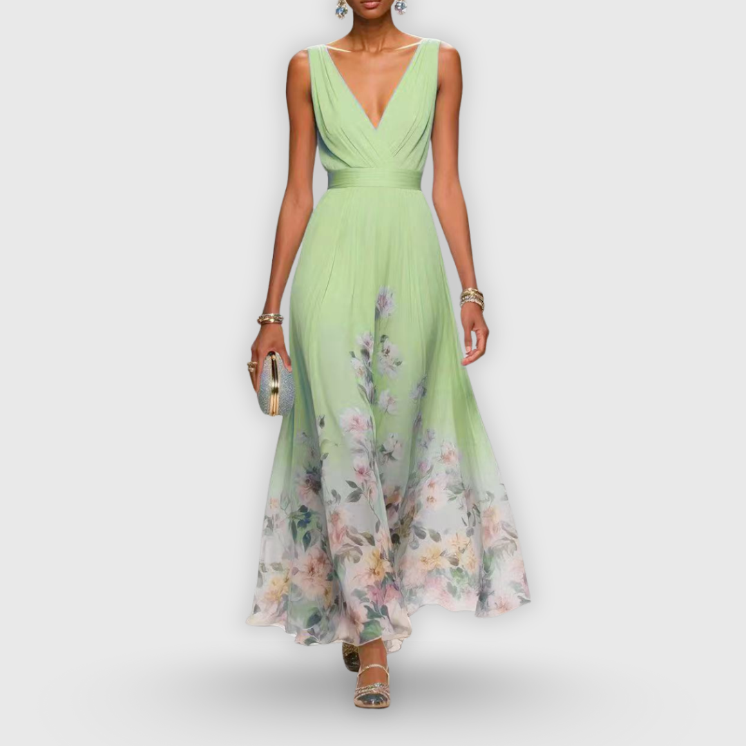Nebeska™ | Elegancka sukienka maxi z głębokim dekoltem w serek i kwiatowym dołem