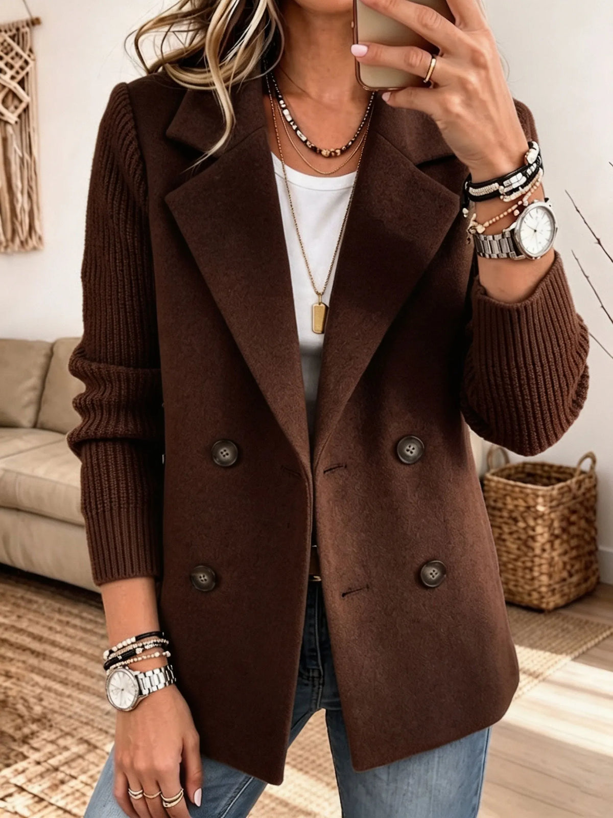 Jadwiga™ | Elegancka Marynarka z Dzianinowymi Rękawami