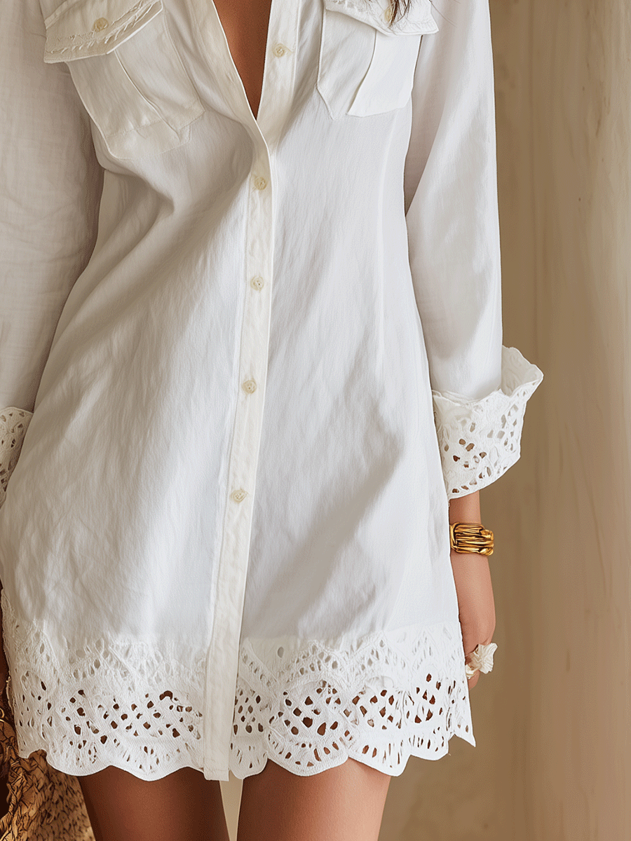 Odette™ | Biała Sukienka Koszulowa Mini Boho