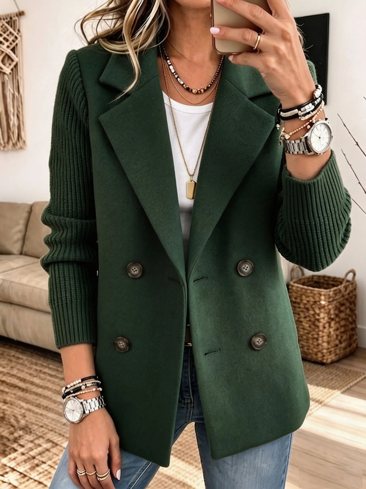 Jadwiga™ | Elegancka Marynarka z Dzianinowymi Rękawami