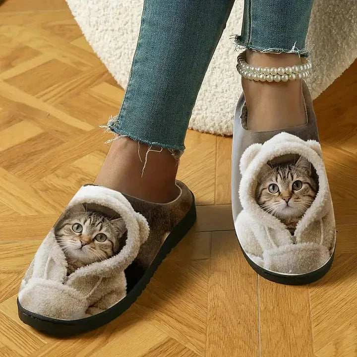 🐱 Wygodne wsuwane kapcie z motywem kociej twarzy 3D — zimowe, ciepłe i antypoślizgowe