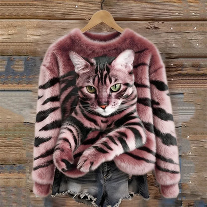 🐯🐱 Przytulna pluszowa bluza z tygrysim motywem i pręgowanym kotkiem