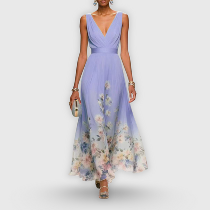 Nebeska™ | Elegancka sukienka maxi z głębokim dekoltem w serek i kwiatowym dołem