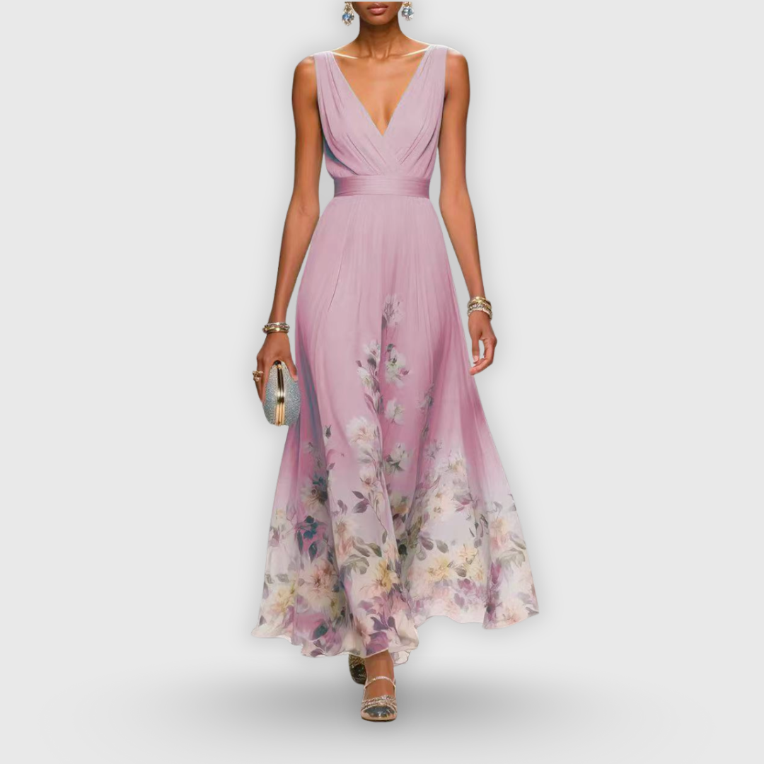 Nebeska™ | Elegancka sukienka maxi z głębokim dekoltem w serek i kwiatowym dołem