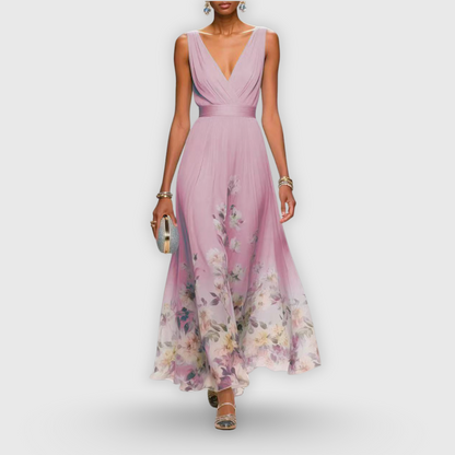 Nebeska™ | Elegancka sukienka maxi z głębokim dekoltem w serek i kwiatowym dołem