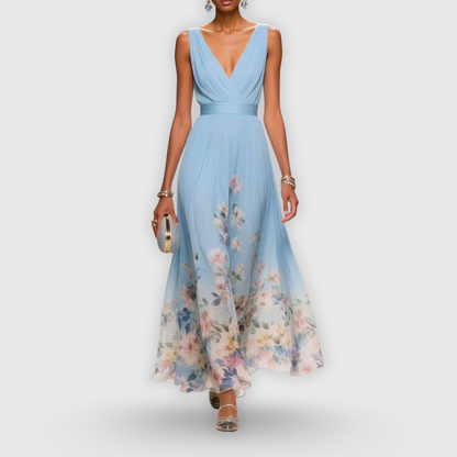 Nebeska™ | Elegancka sukienka maxi z głębokim dekoltem w serek i kwiatowym dołem