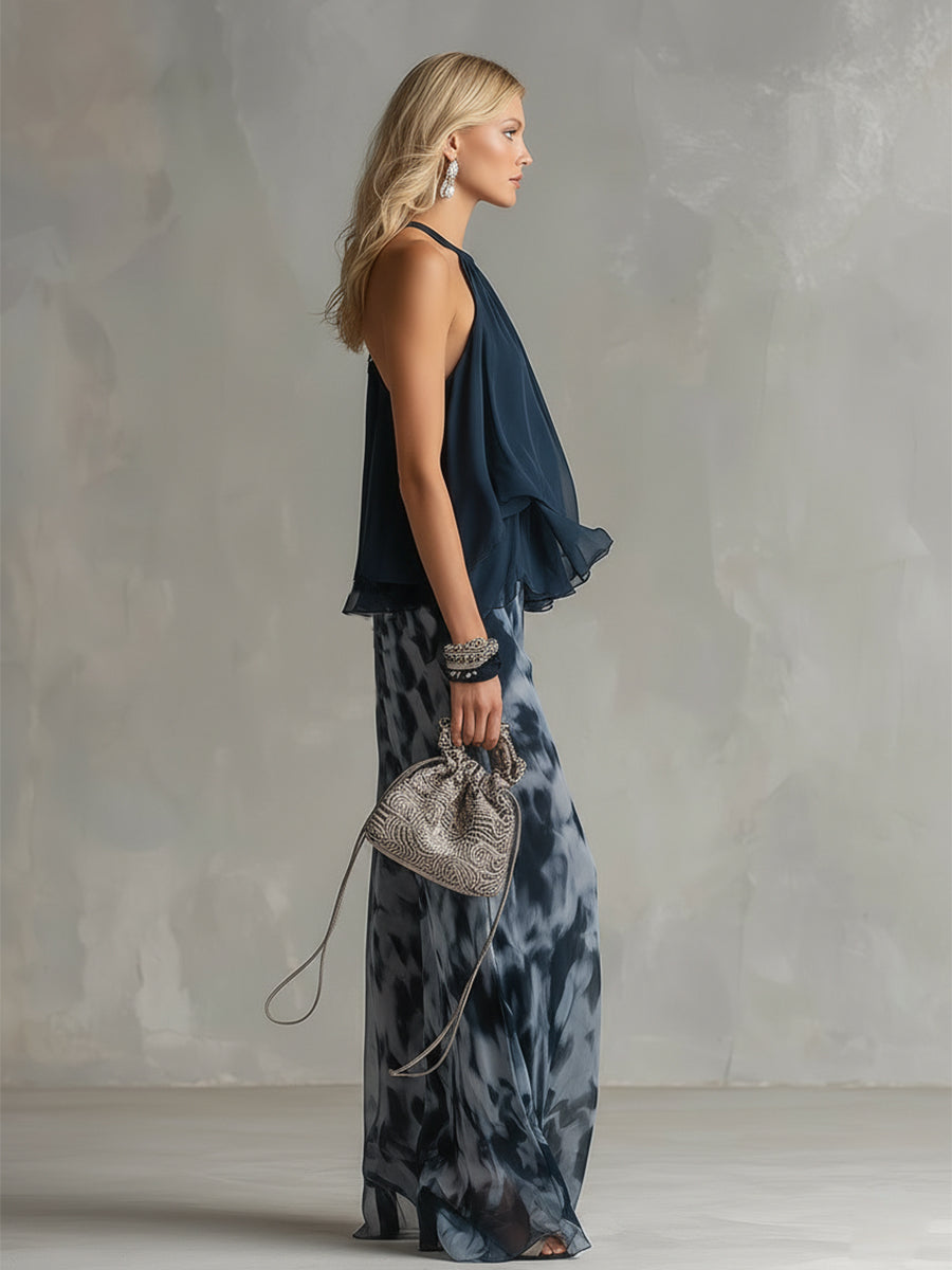Ludwika™ | Stylowy Granatowy Komplet z Szerokimi Spodniami