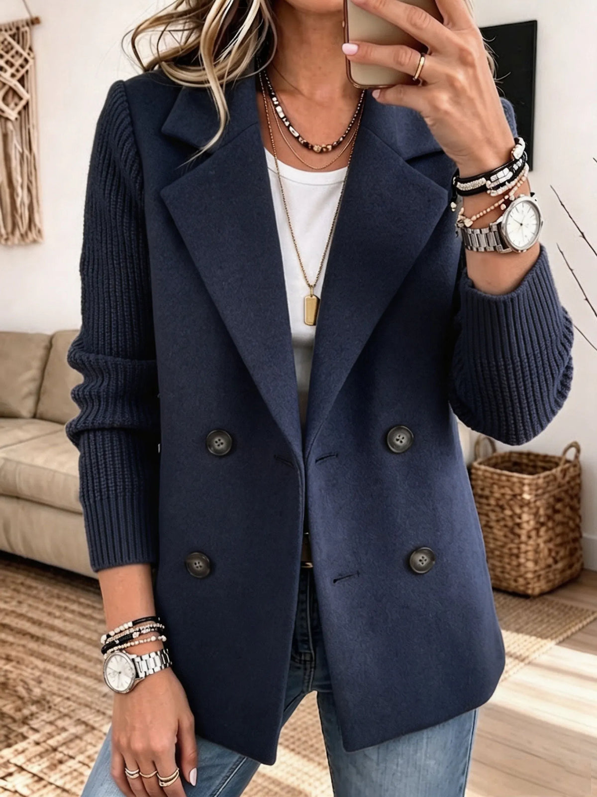 Jadwiga™ | Elegancka Marynarka z Dzianinowymi Rękawami