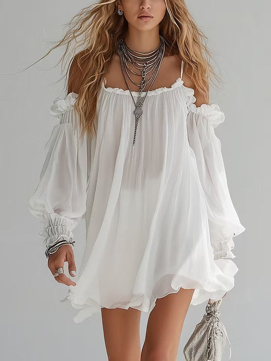 Valentina™ | Biała Sukienka Mini Boho z Odkrytymi Ramionami