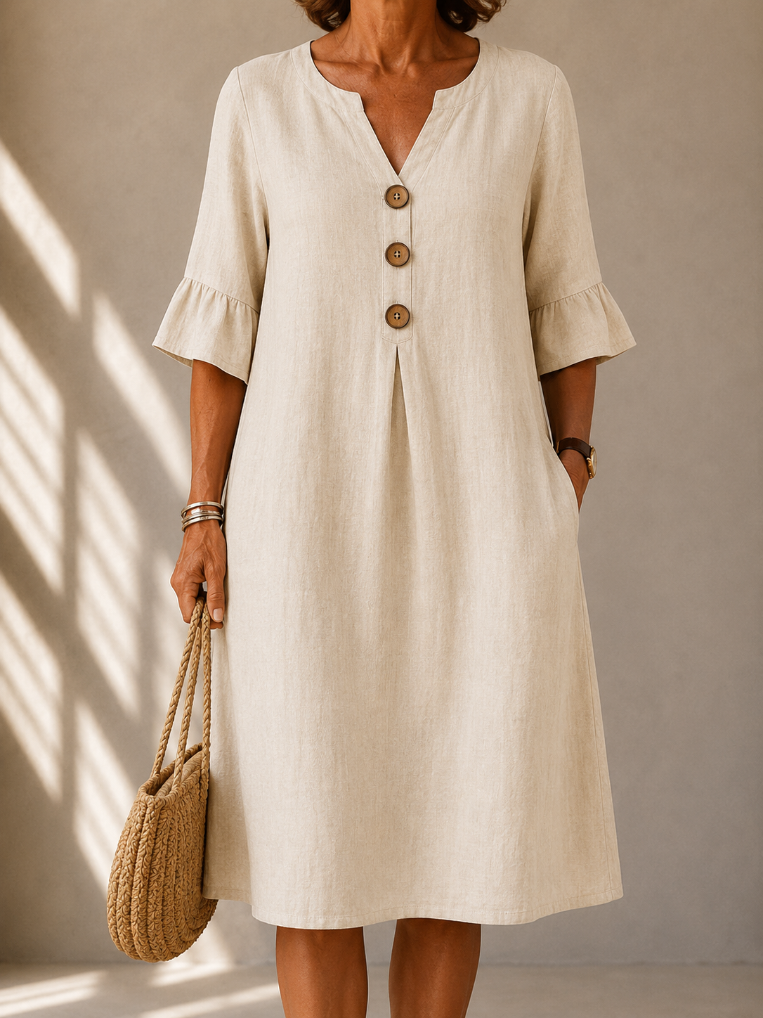 Eleanor™ | Elegancka Lniana Sukienka z Guzikami