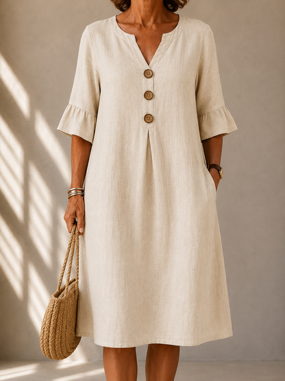 Eleanor™ | Elegancka Lniana Sukienka z Guzikami