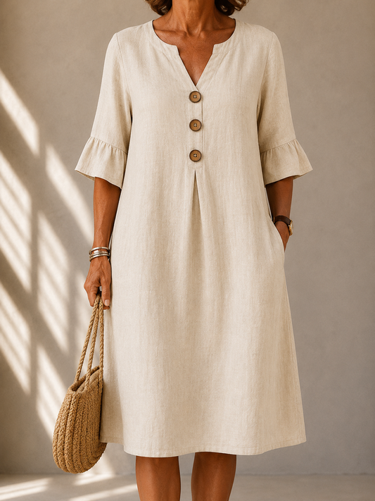 Eleanor™ | Elegancka Lniana Sukienka z Guzikami