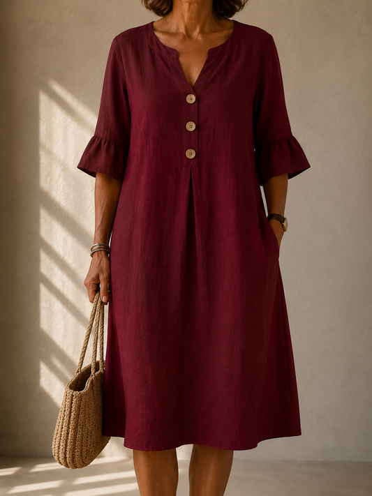Clara™ | Elegancka Lniana Sukienka z Guzikami