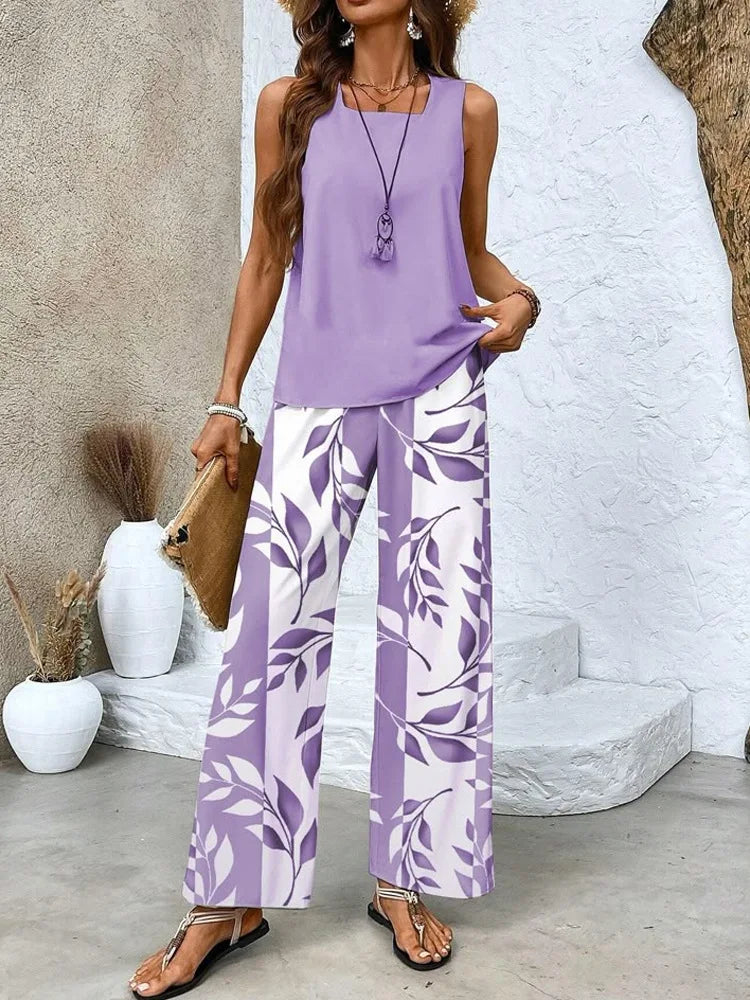 Serena™ | Elegancki letni komplet top + spodnie w liście
