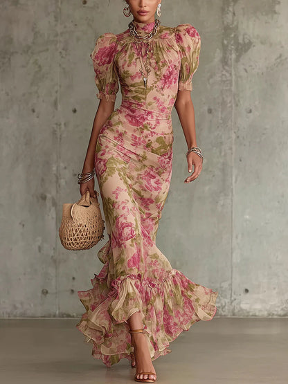 VintageRosePrintRuffledMaxiDressWithPuffSleeves
