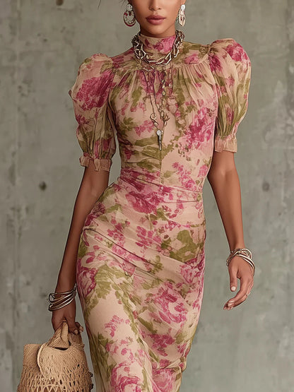 VintageRosePrintRuffledMaxiDressWithPuffSleeves 1
