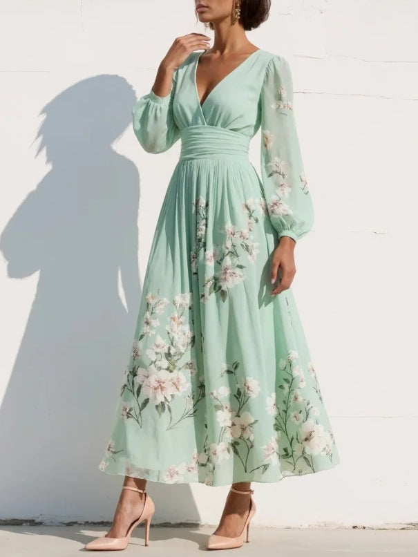 Malwina™ | Satynowa Sukienka Maxi Plisé w Kwiaty
