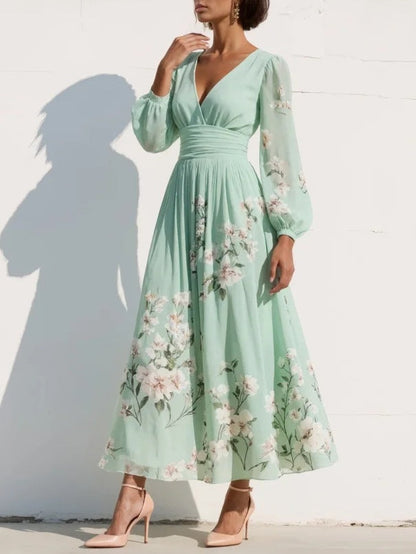 Malwina™ | Satynowa Sukienka Maxi Plisé w Kwiaty
