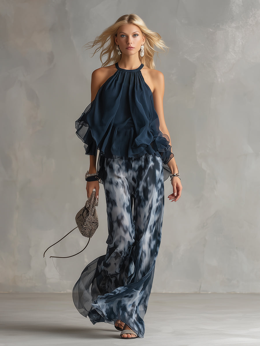 Ludwika™ | Stylowy Granatowy Komplet z Szerokimi Spodniami