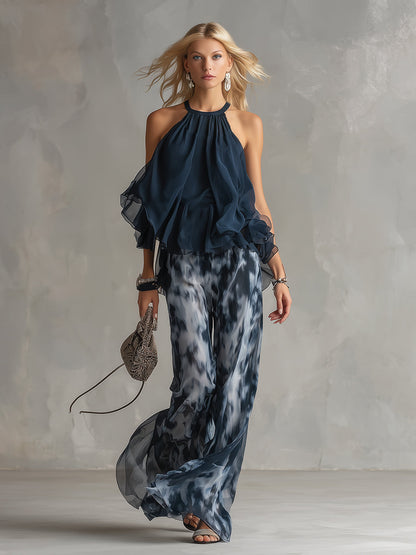 Ludwika™ | Stylowy Granatowy Komplet z Szerokimi Spodniami