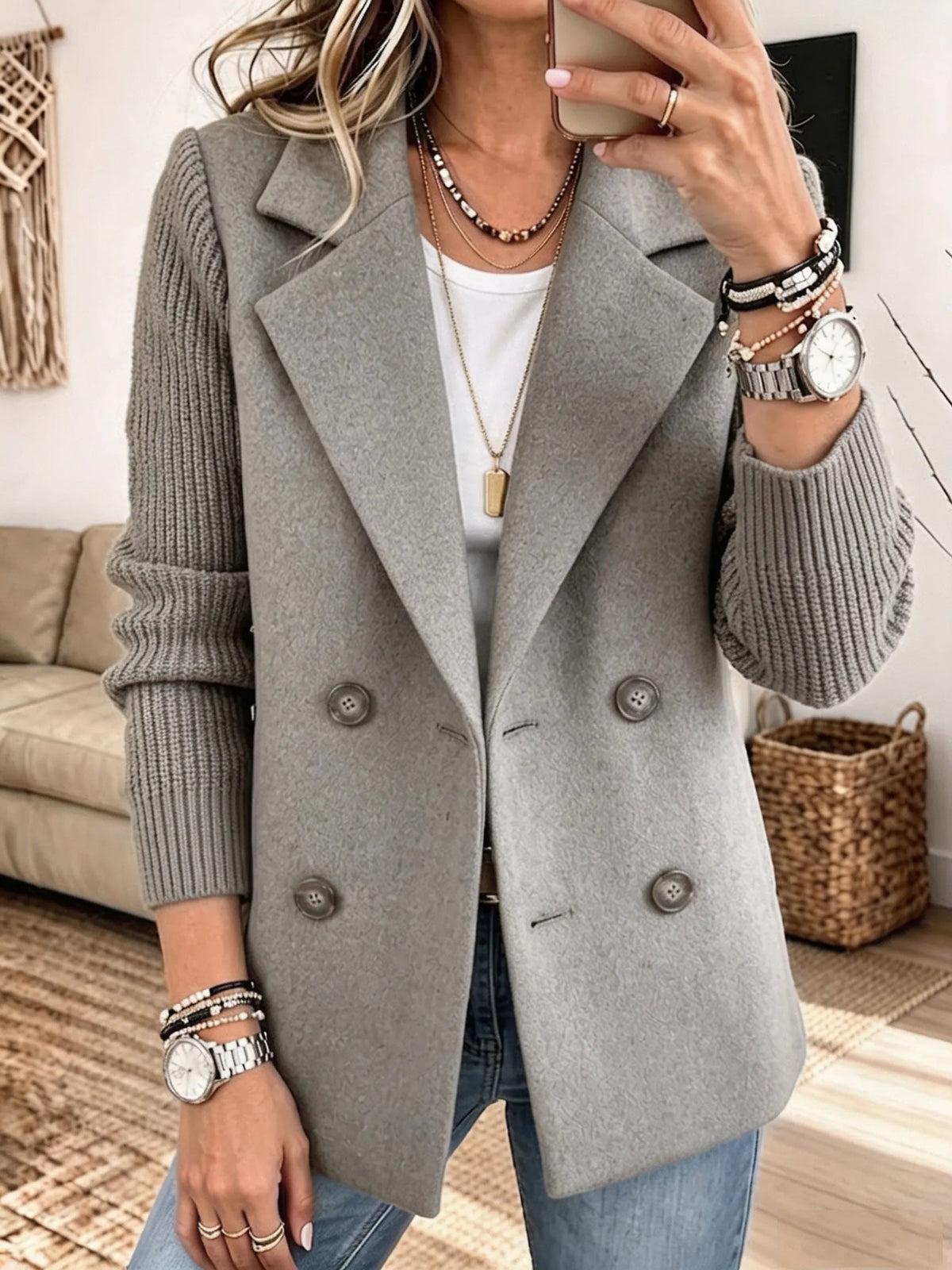 Jadwiga™ | Elegancka Marynarka z Dzianinowymi Rękawami