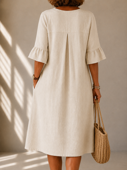 Eleanor™ | Elegancka Lniana Sukienka z Guzikami