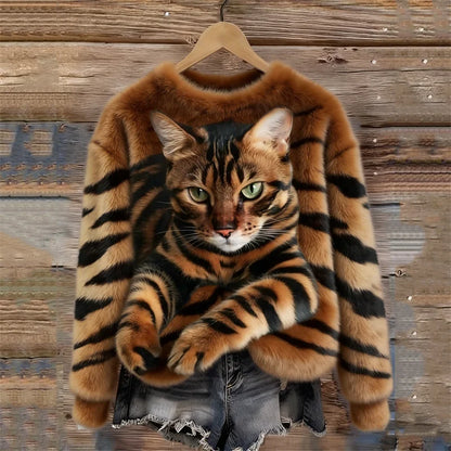 🐯🐱 Przytulna pluszowa bluza z tygrysim motywem i pręgowanym kotkiem