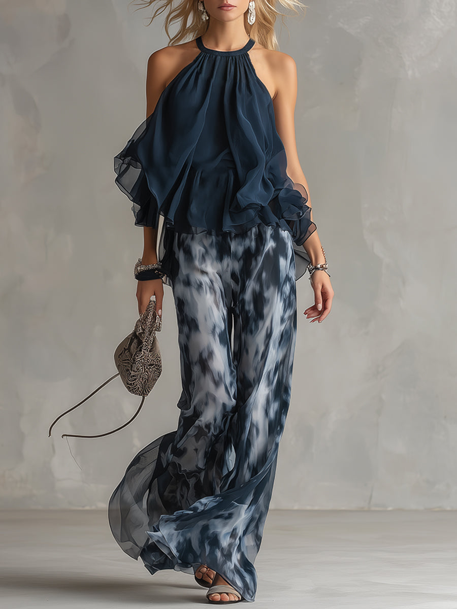 Ludwika™ | Stylowy Granatowy Komplet z Szerokimi Spodniami