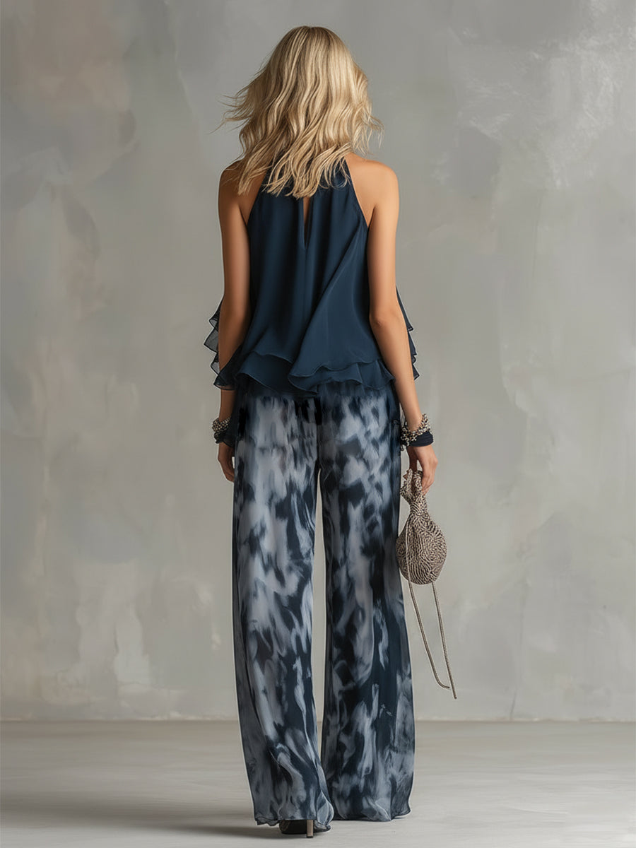 Ludwika™ | Stylowy Granatowy Komplet z Szerokimi Spodniami