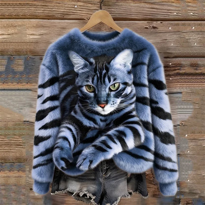 🐯🐱 Przytulna pluszowa bluza z tygrysim motywem i pręgowanym kotkiem